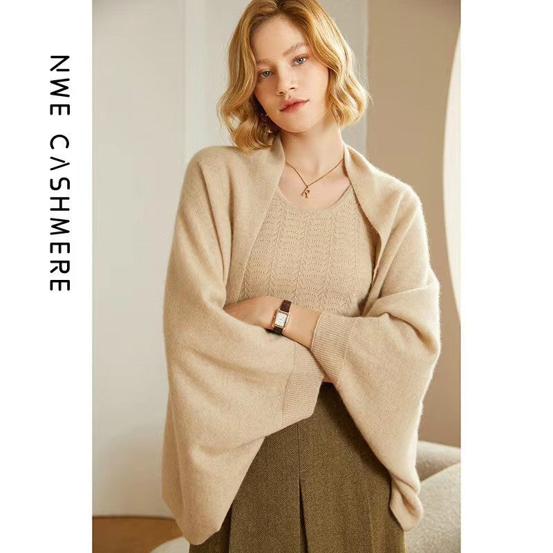 Women's Cashmere Wool Shawl Wrap Cardigan - Soft Knit Batwing Sleeve Poncho in Camel Brown - Elegant Oversized Shoulder Wrap Sweater for Fall Winter - Luxury Cozy Layering Piece
