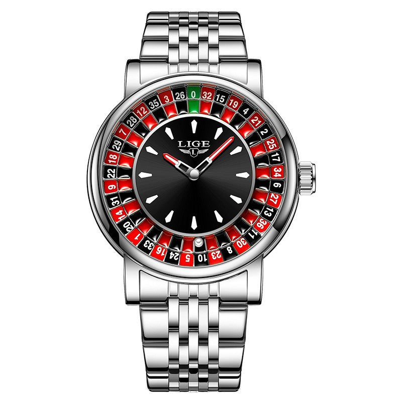 LIGE Casino Roulette Wheel Watch Men | Silver & Black Quartz Dress Watch | Leather Strap Novelty Gambling Timepiece Gift