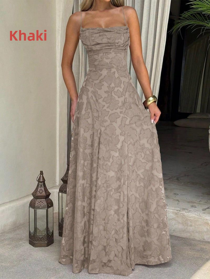 Burgundy Lace Floral Maxi Dress | Spaghetti Strap A-Line Formal Evening Gown