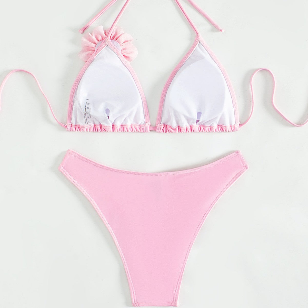 Costume da bagno bikini con applicazioni floreali 3D rosa | Top a triangolo all'americana e slip sgambati | Bikini da donna due pezzi floreale e femminile