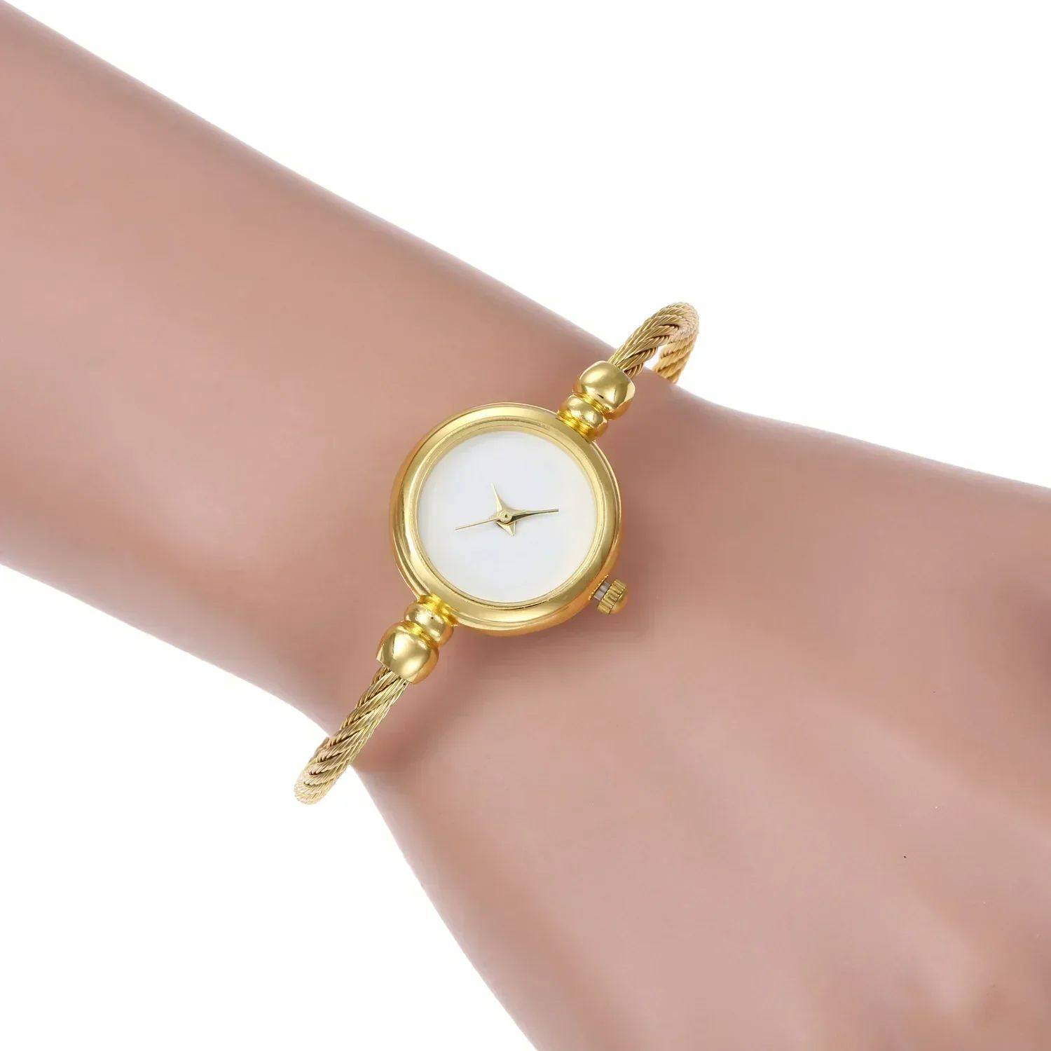 Gold Bangle Cuff Watch Women | Twisted Wire Open Bracelet | Black & White Dial Options | Dainty Minimalist Jewelry Watch