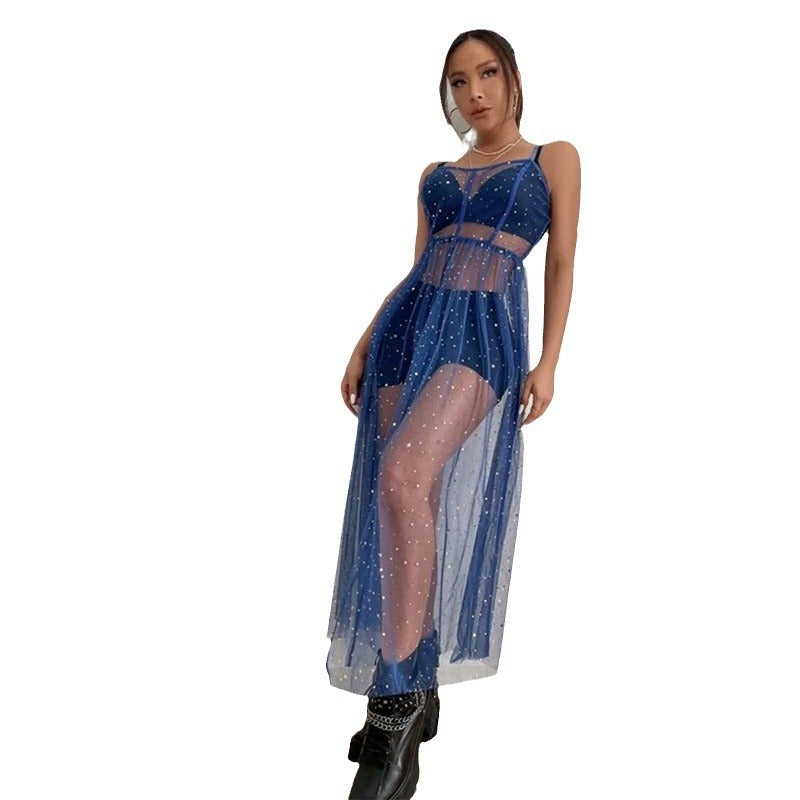 Glitter Star Mesh Maxi Overlay Dress | Sheer Sparkle Spaghetti Strap High Slit | Festival Rave Party See Through Dress Women Multiple Colors