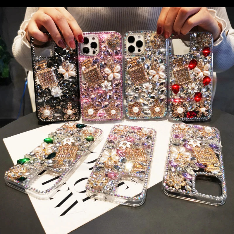 Luxury Bling Rhinestone Phone Case with Red Crystal Gems, Pearl Flowers & Perfume Bottle Design | Glitter Diamond Cover for iPhone