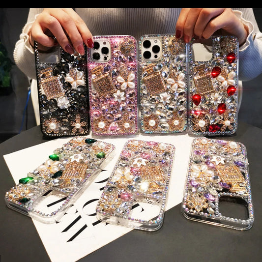 Luxury Bling Rhinestone Phone Case with Red Crystal Gems, Pearl Flowers & Perfume Bottle Design | Glitter Diamond Cover for iPhone