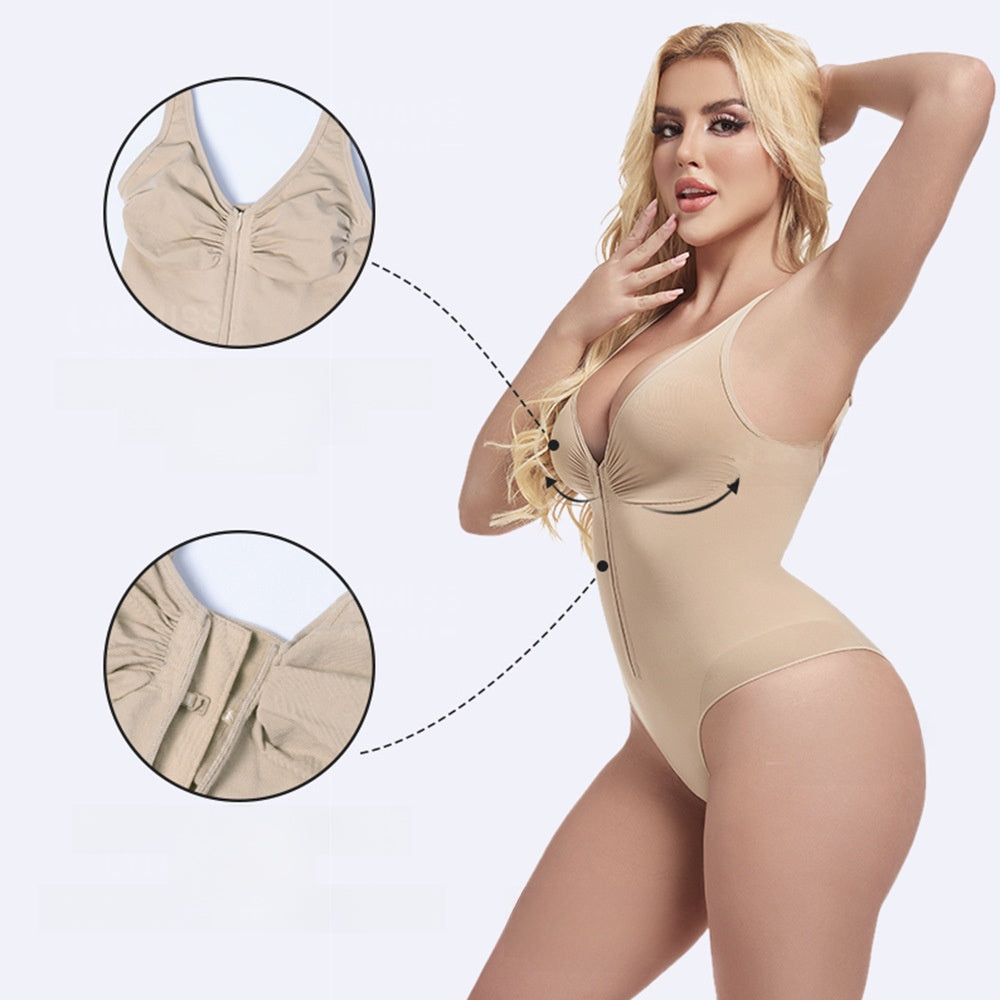 Womens Seamless Tummy Control Bodysuit Shapewear with Zipper Front Deep V Neck Adjustable Straps Thong Body Shaper in Nude and Black