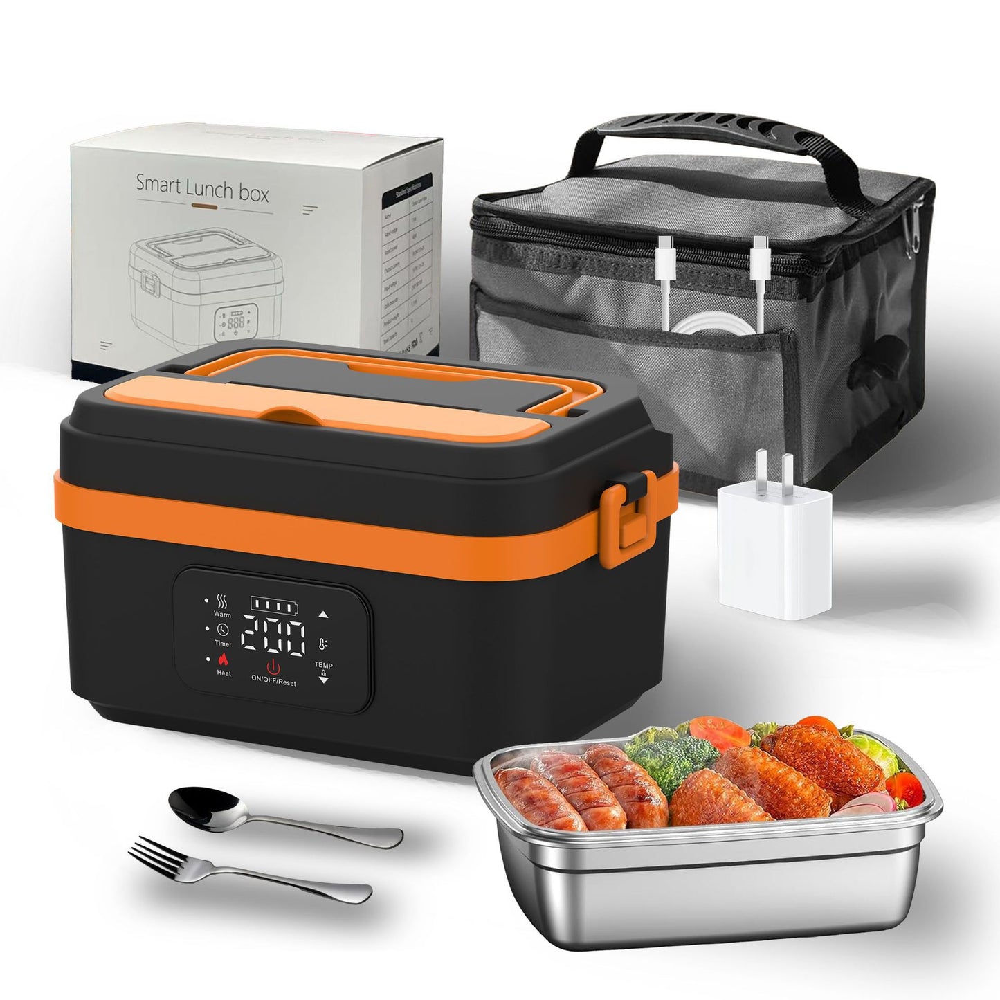 Electric Lunch Box Food Heater with LCD Display Timer & Carry Bag - Portable Self Heating Bento Box Stainless Steel Container for Work
