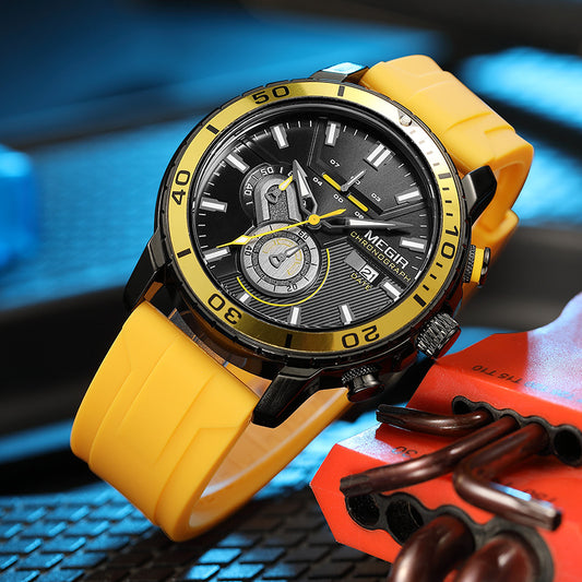 MEGIR Green Chronograph Watch | Black Case Military Sport Date Silicone Strap Men's Watch
