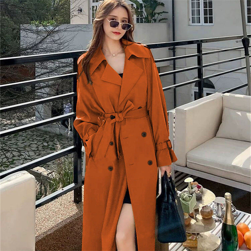 Women's Black Long Trench Coat with Belt, Double Breasted Lapel Collar and Midi Length for Fall and Winter
