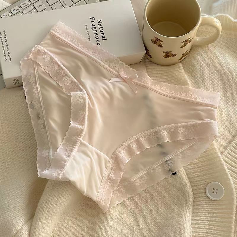 Satin Silk Lace Trim Bow Panties for Women Soft Smooth Mid Rise Briefs Floral Lace Edge White Beige