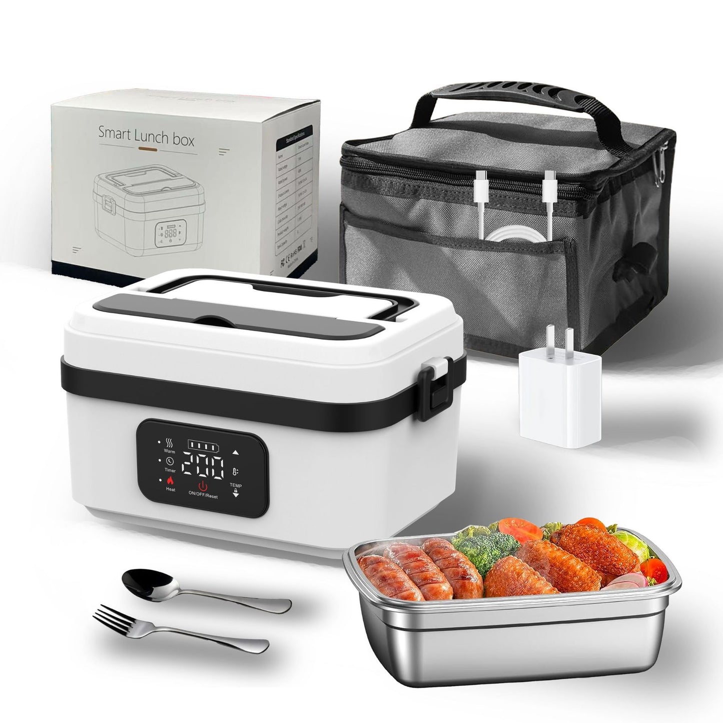 Electric Lunch Box Food Heater with LCD Display Timer & Carry Bag - Portable Self Heating Bento Box Stainless Steel Container for Work