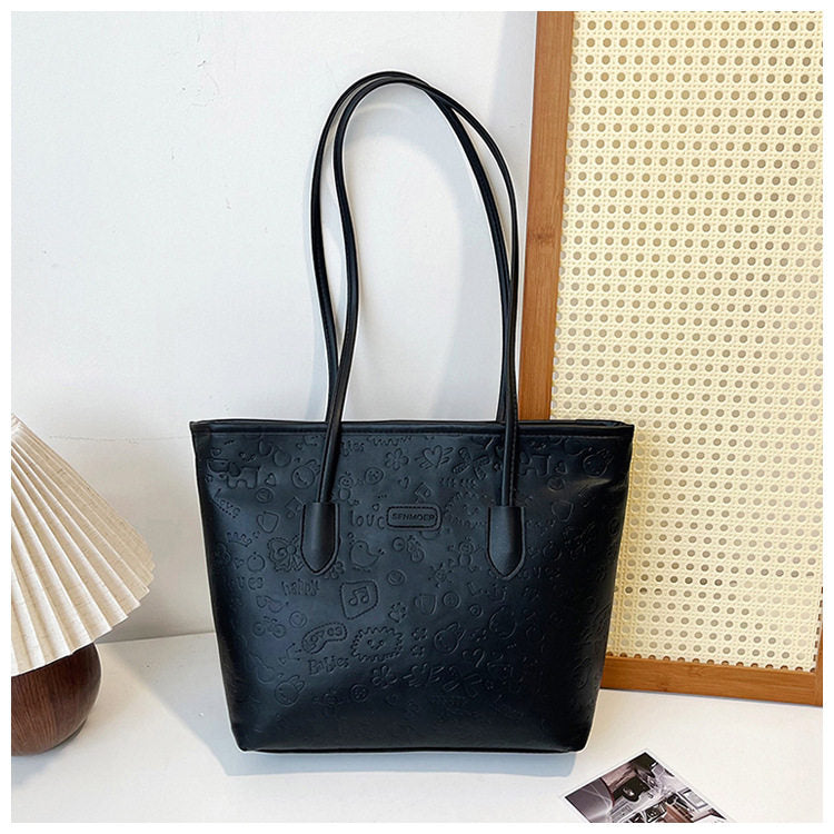 Beige Embossed Logo Tote Bag - Structured Shoulder Bag with Long Straps | Classic Everyday Leather Tote