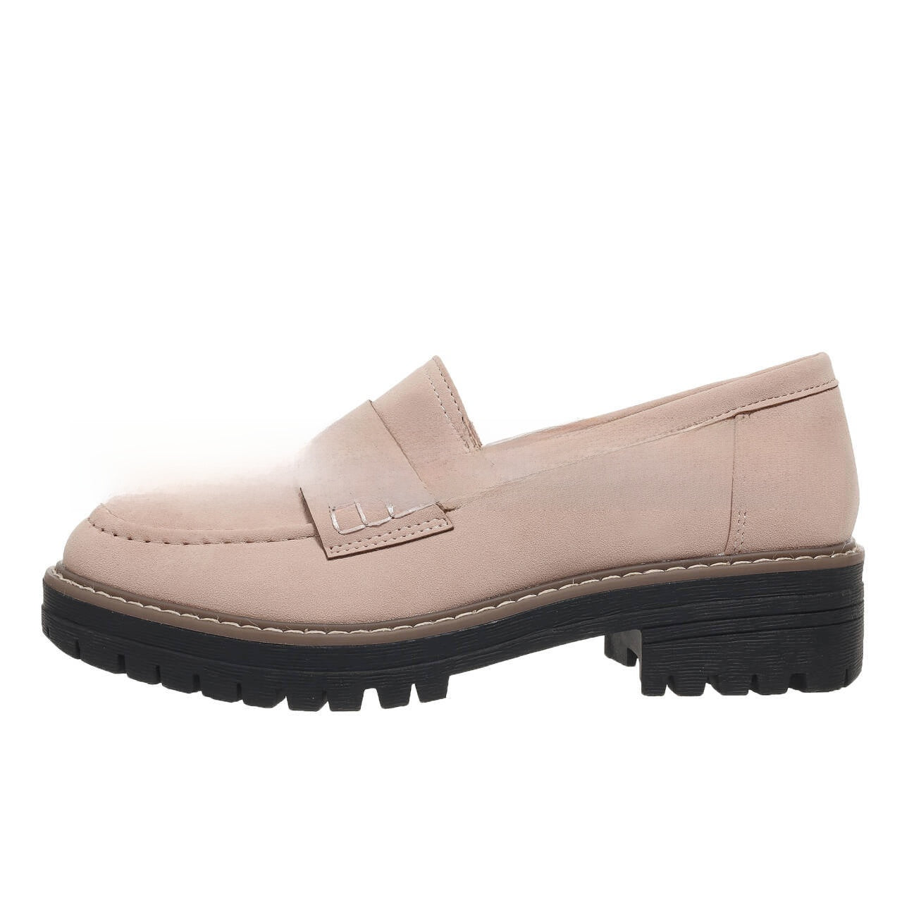 Black Suede Lug Sole Penny Loafers for Women | Chunky Platform Slip-On Loafers | Tan Welt Stitch Detail Loafers | Casual Smart Street Style Shoes