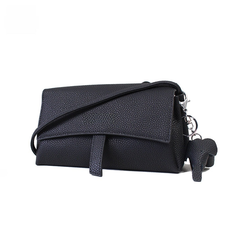 Beige Pebbled Leather Crossbody Bag - Soft Slouchy Shoulder Bag with Dog Charm | Minimalist Wide Strap Purse