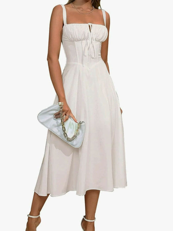 Women's Ruched Tie-Front Midi Dress | Spaghetti Strap A-Line Swing Dress | Elegant Summer Party Dress | Multiple Colors