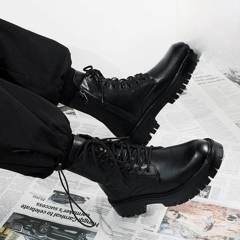 Black Combat Boots Men Women Lace Up Side Zip Platform Military Ankle Boots Matte Leather Tactical Boots