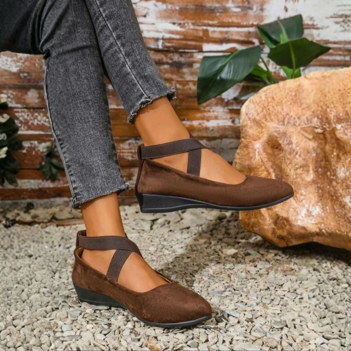 Womens Black Suede Wedge Shoes Cross Elastic Ankle Strap Closed Toe Low Heel Comfortable Slip On Pumps for Casual Office and Formal Wear