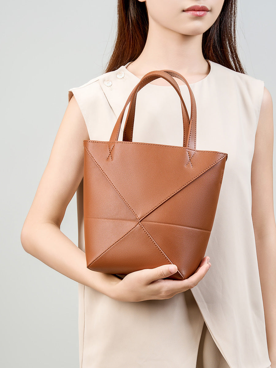Black Leather Tote Bag - Minimalist Geometric Panel Shoulder Bag | Women's Large Capacity Work Shopping Tote