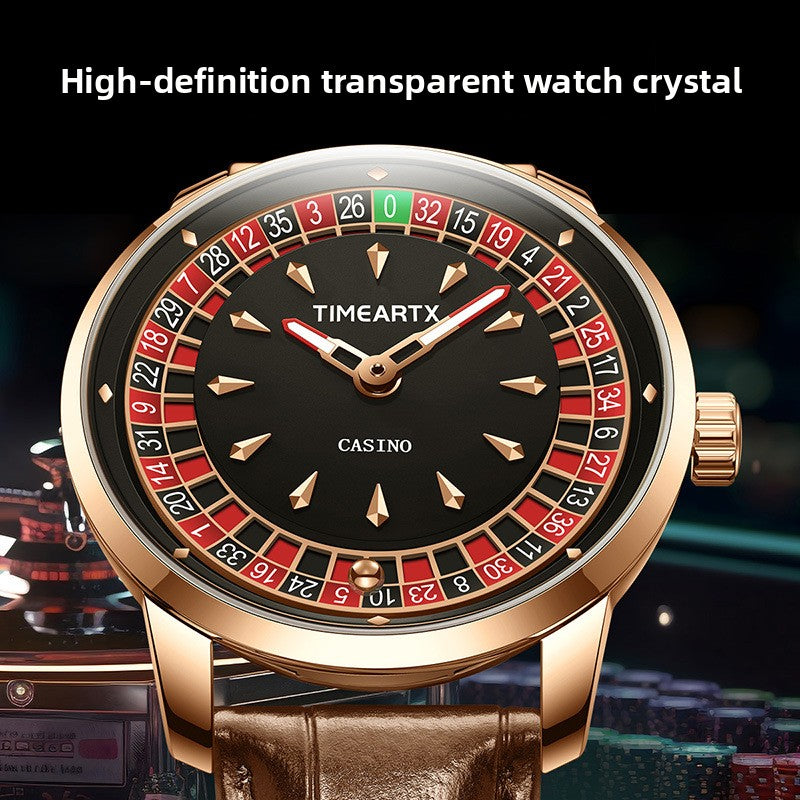 Timeartx Casino Roulette Wheel Watch | Rose Gold & Black Leather Quartz Watch for Men | Unique Novelty Dress Watch Gift
