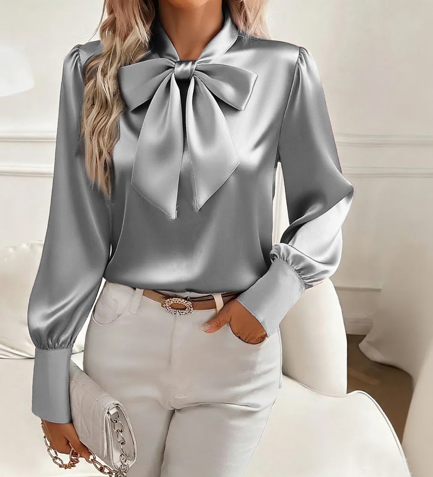 Womens Black Satin Bow Tie Neck Blouse Elegant Long Sleeve Puff Shoulder Silk Like Top for Office Work Party and Formal Occasions