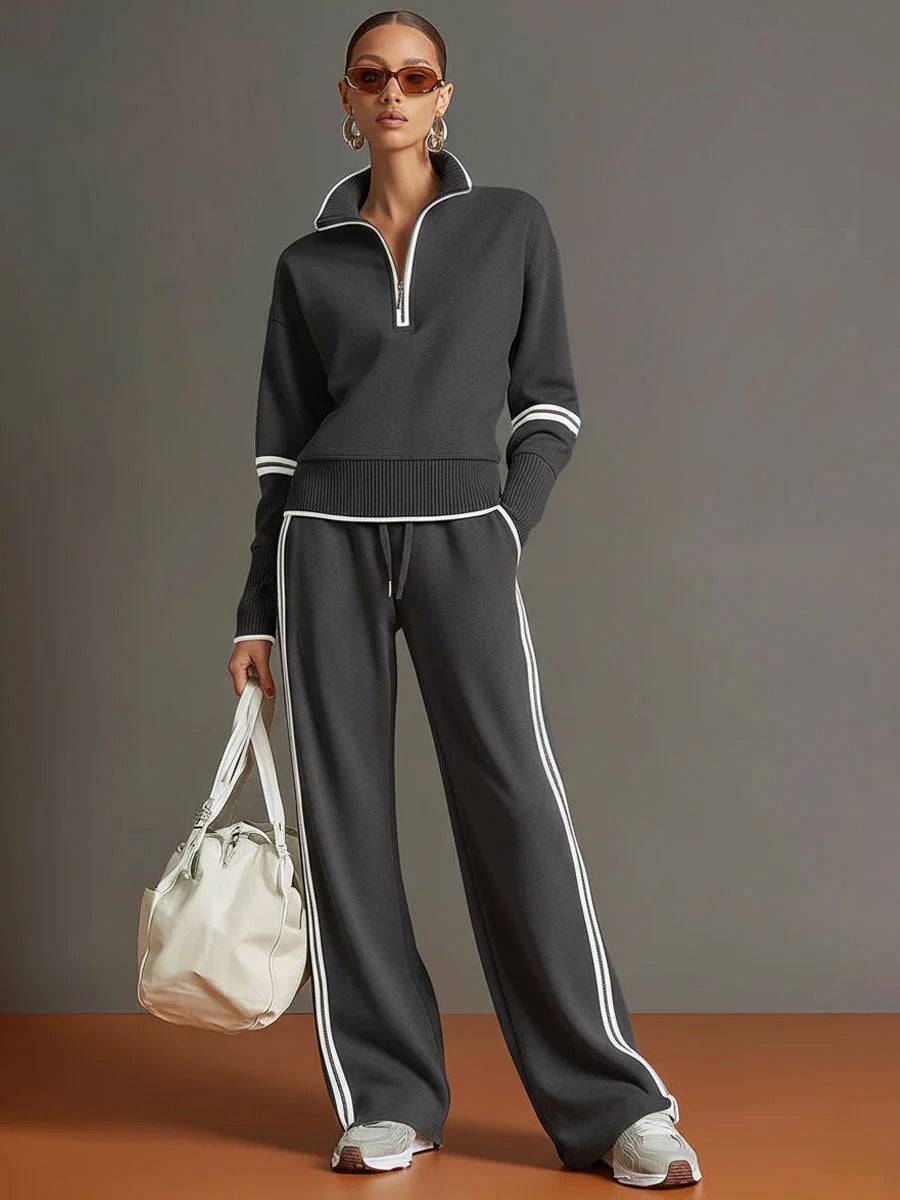 Red Knit Two-Piece Tracksuit Set | Quarter-Zip Pullover & Wide-Leg Pants | Striped Co-Ord Loungewear