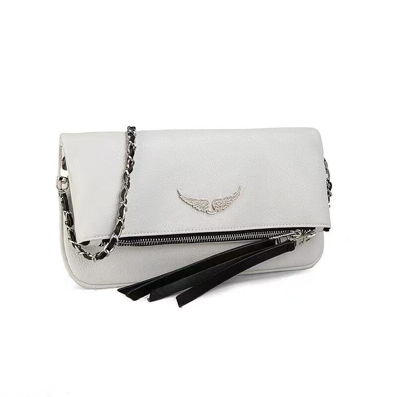 Zadig & Voltaire White Leather Crossbody Bag - Rock Nano Bag with Wings & Chain Strap | Designer Clutch with Tassel