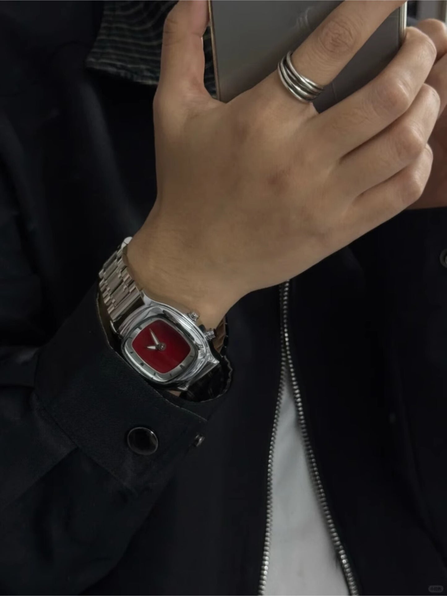 Men's Retro Cushion Square Watch | Red Grid Dial Domed Crystal Silver Stainless Steel Vintage Style Quartz Watch