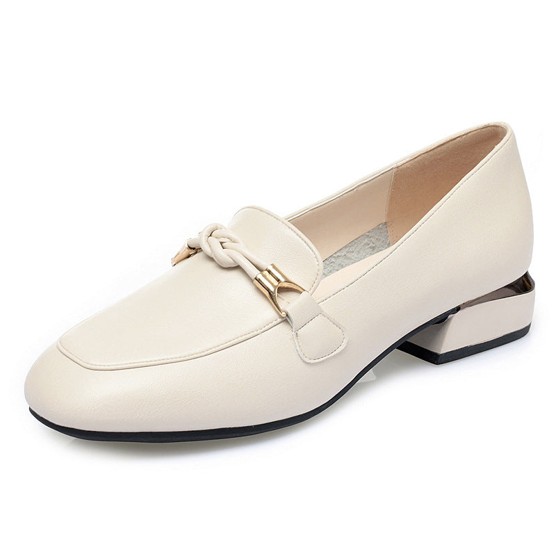 Tan Nude Leather Chain Bit Low Heel Loafers for Women | Gold Chain Hardware Square Toe Slip-On Loafer Pumps | Elegant Gold Trim Block Heel Shoes | Luxury Everyday Loafer Heels
