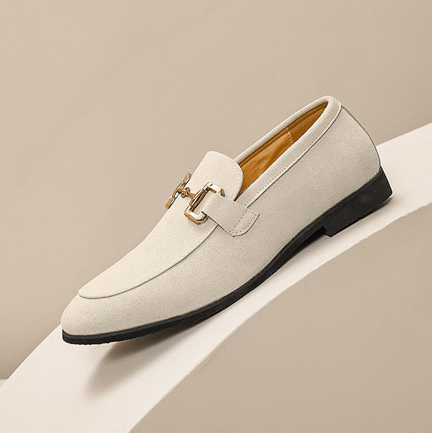 Beige Suede Horsebit Loafers for men| Gold Chain Slip-On Flat Shoes | Elegant Office Casual Footwear