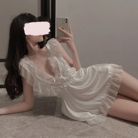 Women's White Satin Ruffle Lace Babydoll Nightgown Sexy Deep V Neck Sleeveless Mini Sleep Dress Chemise