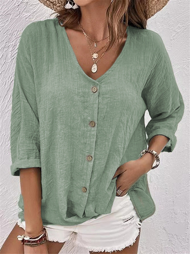 Camicia da donna in lino e cotone color cachi con bottoni | Top casual scollo a V a maniche a 3/4 | Camicia estiva boho