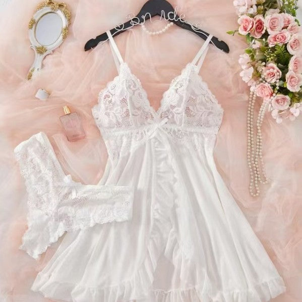 Women's Lace Babydoll Lingerie Dress Sexy Deep V Bow Front Sheer Mesh Mini Chemise Sleepwear 6 Colors