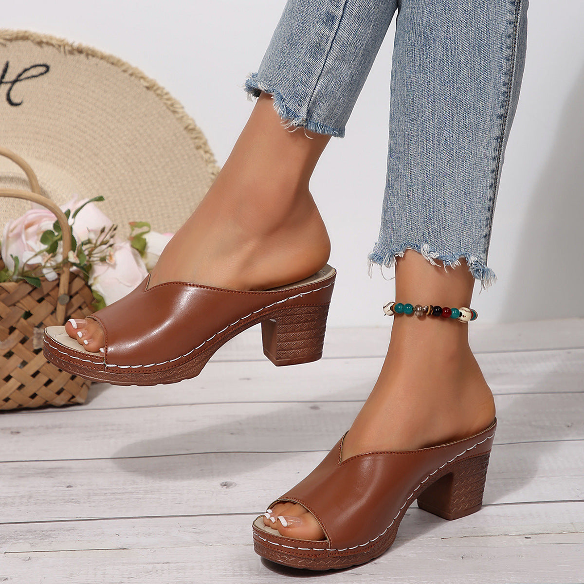 Black Leather Open Toe Block Heel Mule Slides | Women's Casual Slip On Chunky Heel Sandals