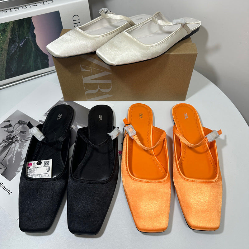 Zara Satin Square Toe Mule Flats | Black White Gold Orange Slip-On Flat Shoes for Women