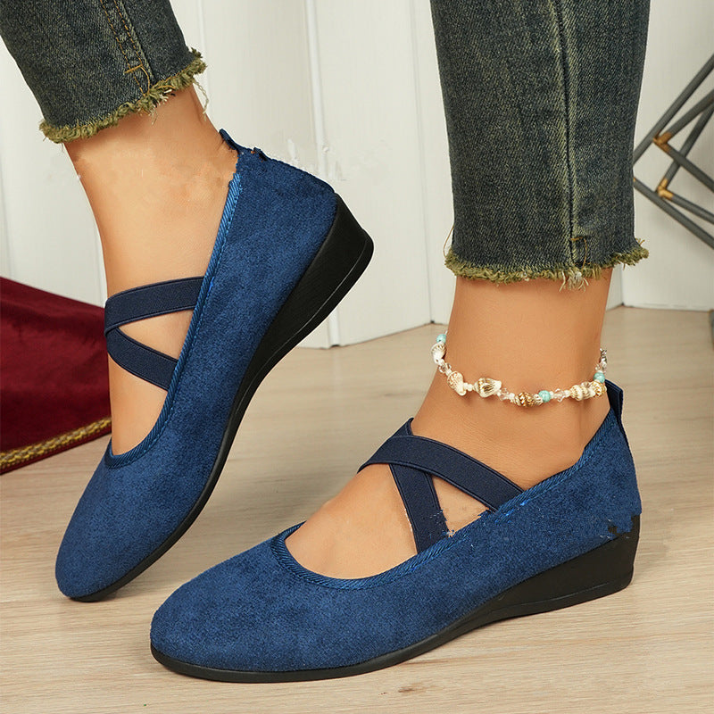 Womens Black Suede Wedge Shoes Cross Elastic Ankle Strap Closed Toe Low Heel Comfortable Slip On Pumps for Casual Office and Formal Wear