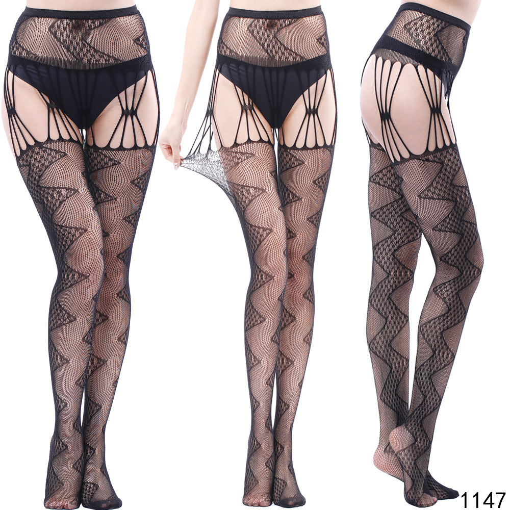 Black Fishnet Stockings with Garter Belt Set for Women | Lace Top Thigh High Stockings | Suspender Belt Set