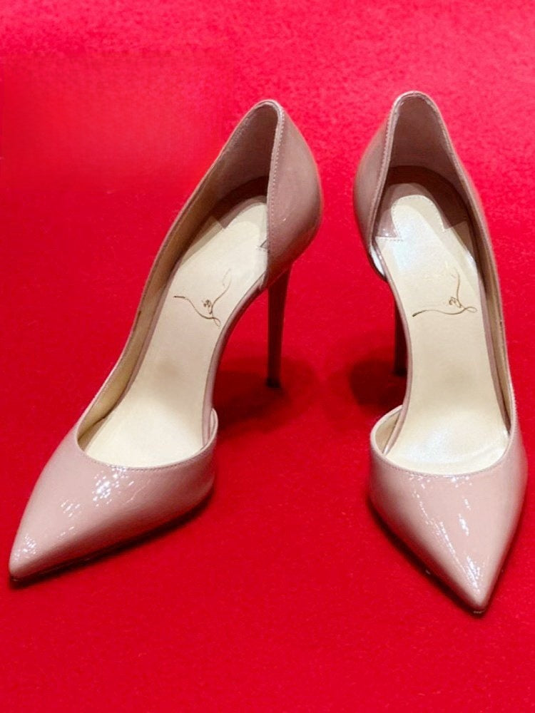 Nude Blush Patent Leather Pointed Toe D'Orsay Stiletto Pumps with Red Sole | Iconic Luxury Heels for Women