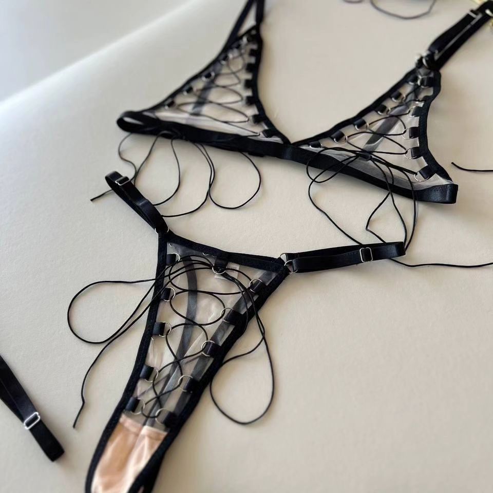 Black Heart Sticker Harness Lingerie Set | 2-Piece Cage Bra & Thong | Gothic Punk Strappy Intimate Wear for Women