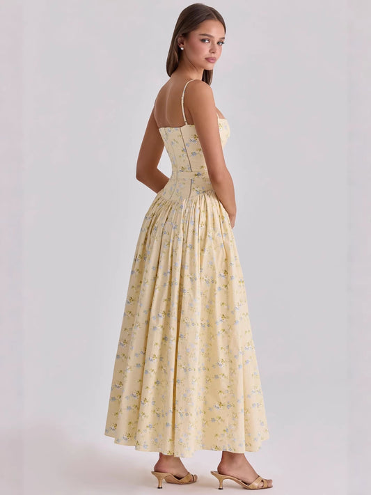 Damen Gelbes Blumen-Maxikleid mit Korsett - Spaghettiträger-Bustier mit gerafftem, voluminösem Rock - Sommerkleid mit zartem Blumenmuster im Cottagecore-Stil für Hochzeitsgäste, Gartenpartys & Urlaub