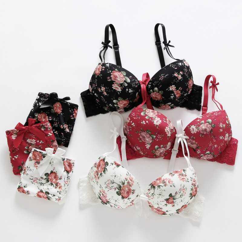 Women's Black Floral Rose Print Push-Up Bra & Panty Set ? Sexy 2-Piece Lace Trim Matching Lingerie Set