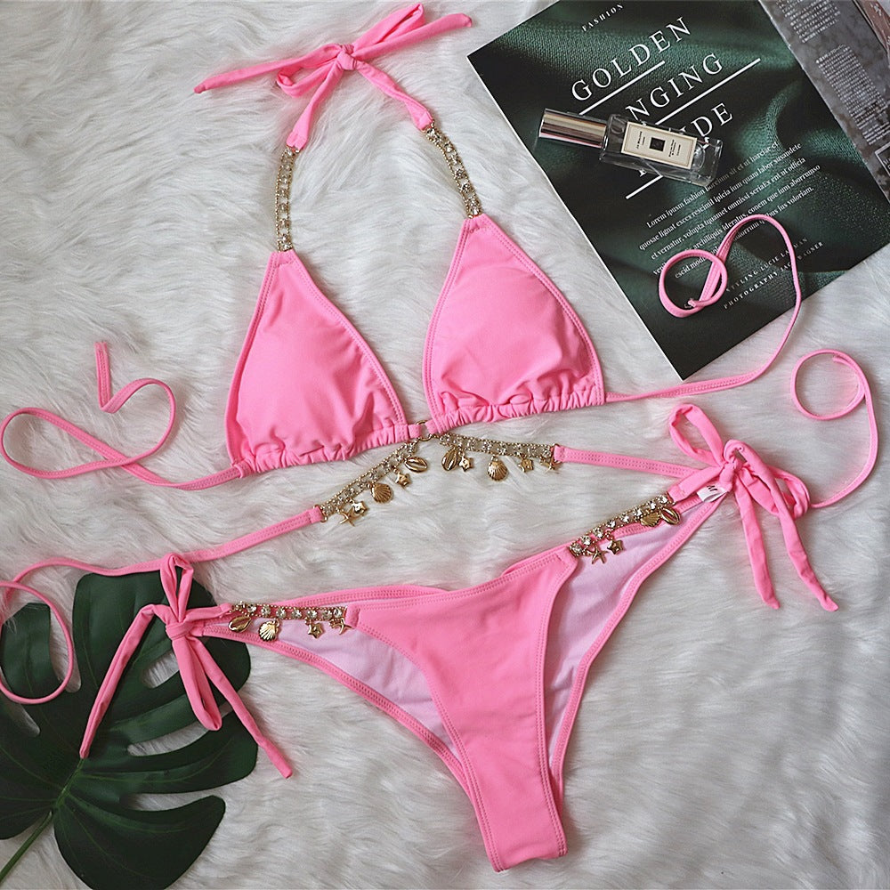 Pink Chain Charm Bikini Set, Triangle Halter Top & Tie Side Bottom, Gold Shell Starfish Rhinestone Body Chain Swimwear, Women Luxury Beach Swimsuit, Boho Jeweled Bikini