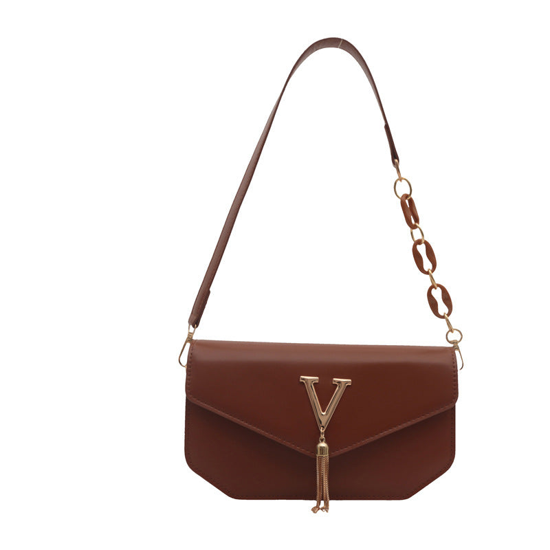 White Leather Shoulder Bag with V Logo - Envelope Flap Crossbody with Chain & Tassel Detail | Designer Inspired Handbag