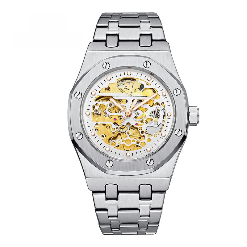 OTM Preisc Time Herren-Skelett-Automatikuhr | Silbernes achteckiges Gehäuse, Goldwerk, 30 m wasserdicht, Royal Oak-Stil 