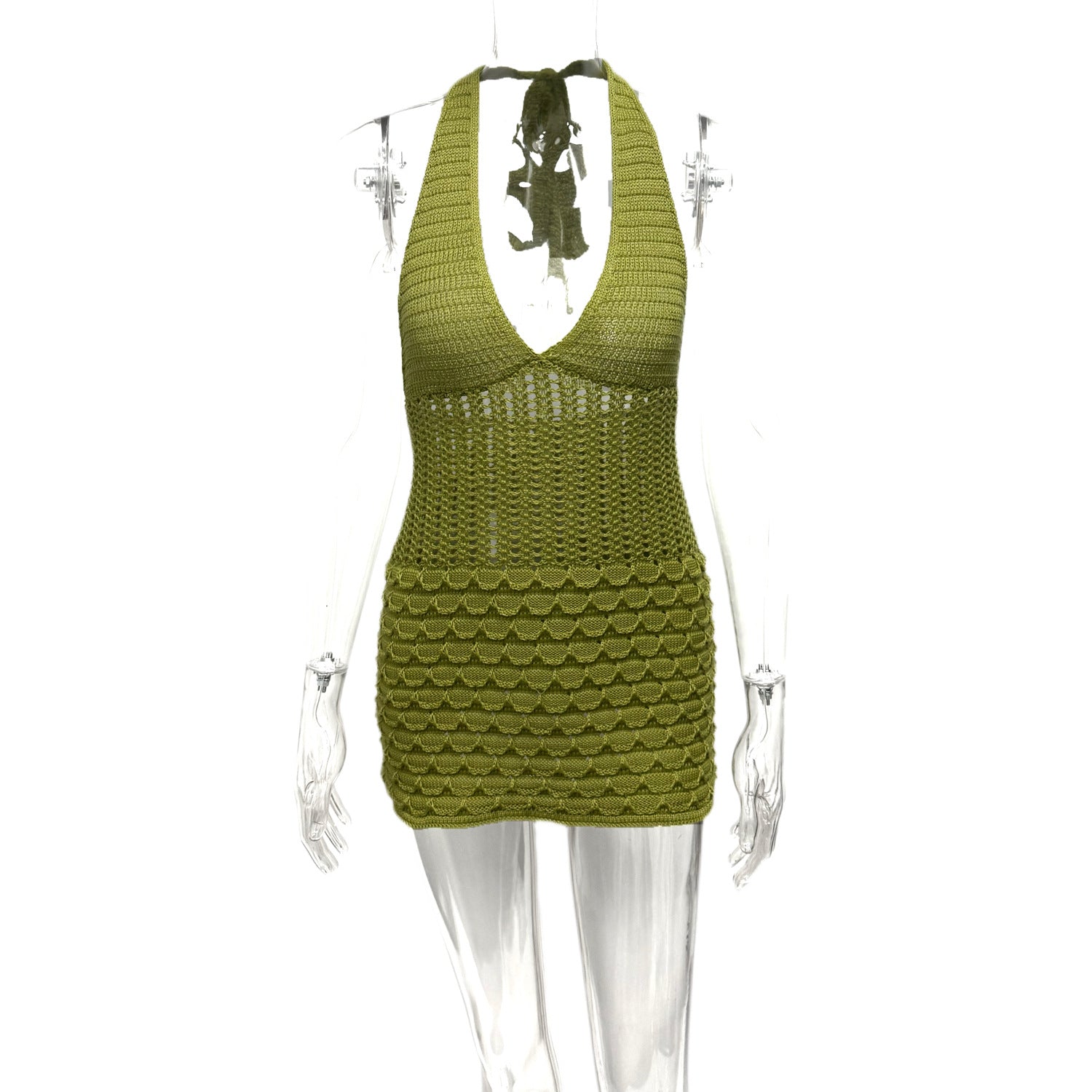 Green Crochet Halter Mini Dress | Women's Open Weave Beach Cover Up Bodycon Summer Dress
