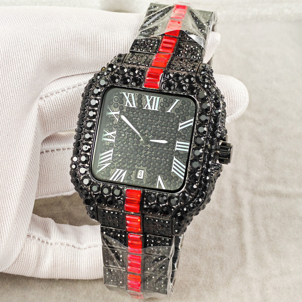 Iced Out Square Watch Men | Black CZ Blue Sapphire Baguette | Roman Numeral Blue Pave Dial | Hip Hop Luxury Date Watch