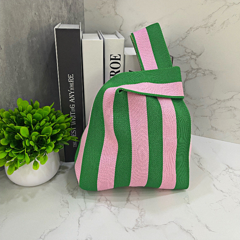 Black & White Geometric Knit Tote Bag | Aztec Pattern Wrist Handle Handbag | Boho Crochet Style Women's Bag