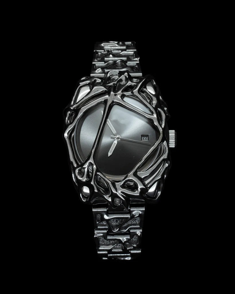 Avant-Garde Black Sculpted Web Watch for Men | Red Gradient Dial Dark Art Luxury Quartz Timepiece