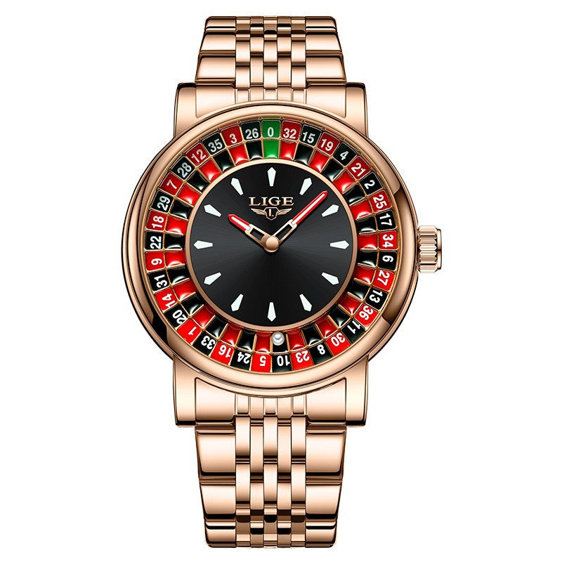 LIGE Casino Roulette Wheel Watch Men | Silver & Black Quartz Dress Watch | Leather Strap Novelty Gambling Timepiece Gift