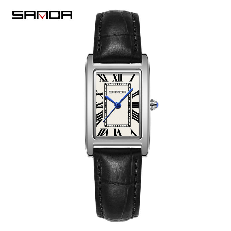 SANDA Women's Rectangle Rose Gold Watch | White Roman Numeral Dial Blue Hands Black Leather Strap Classic Quartz Timepiece