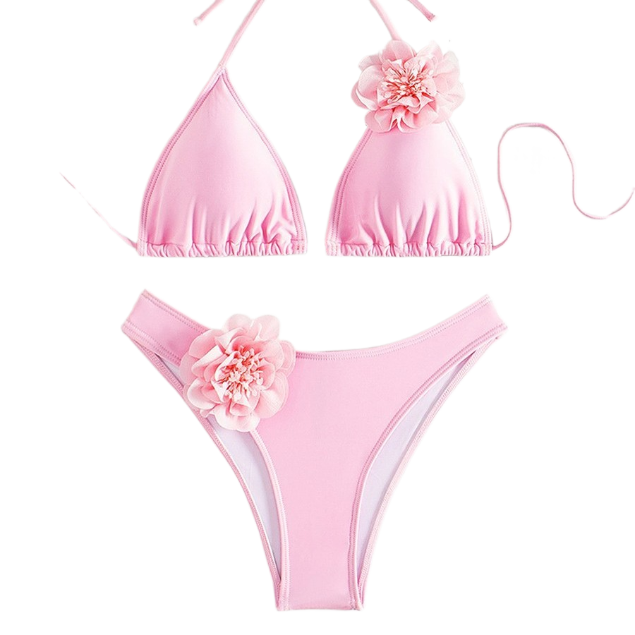 Costume da bagno bikini con applicazioni floreali 3D rosa | Top a triangolo all'americana e slip sgambati | Bikini da donna due pezzi floreale e femminile