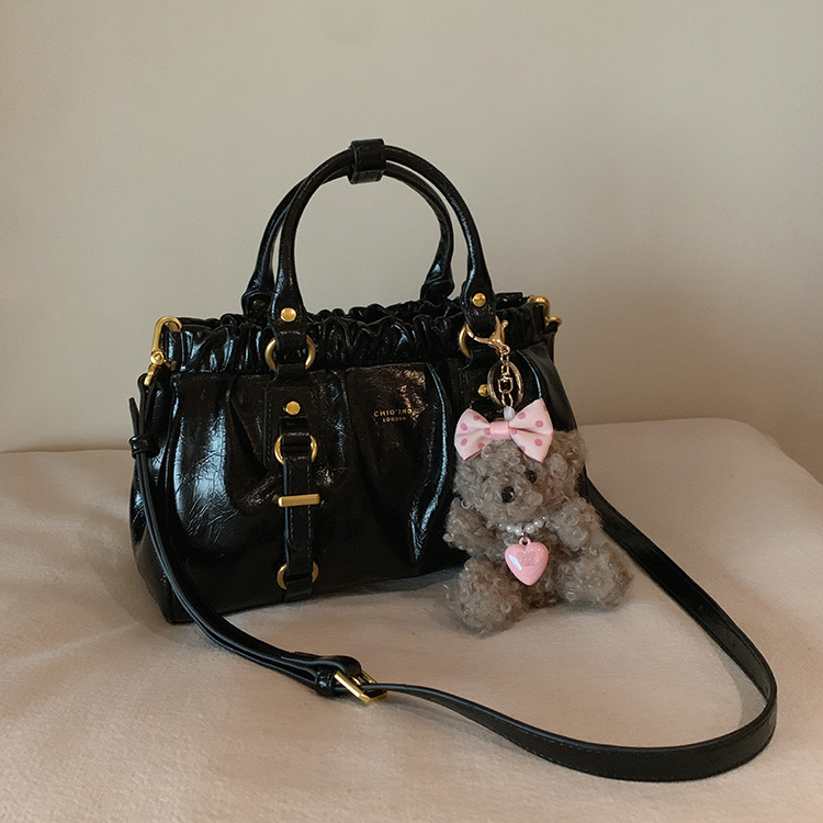 CHIO 2ND LONDON Black Patent Leather Ruched Satchel Bag - Gold Hardware Crossbody Handbag with Teddy Bear Charm | Women's Luxury Style Purse